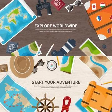 Travel and tourism flat style vector illustration. World earth map and globe Illustrazione stock