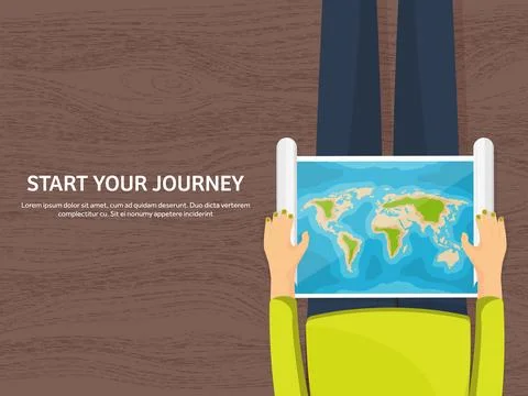 Travel and tourism. Flat style. World, earth map and globe. Trip tour journey Stock Illustration