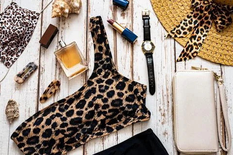 Travel and vacation concept. Flat lay fashion beach holiday accessories with  Stock Photos