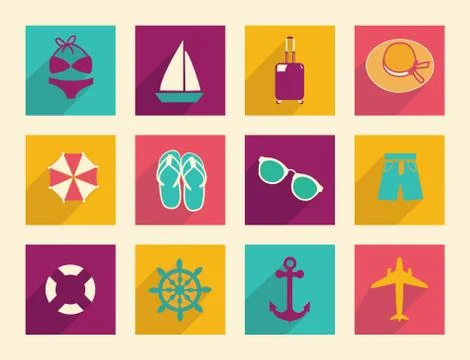 Travel and Vacation vector flat icons Stock Illustration