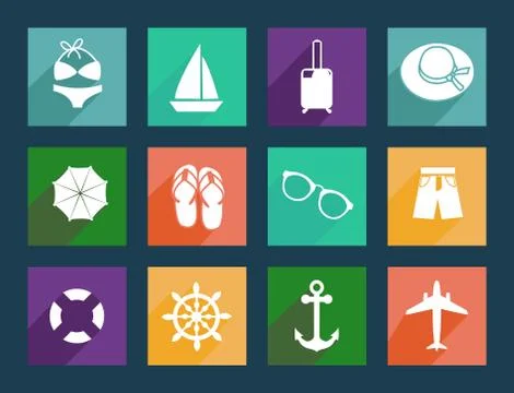 Travel and Vacation vector flat icons Stock Illustration