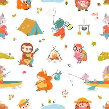 Travel animals seamless pattern. Funny forest animal, cute frog, fox and Stock Illustration