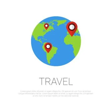 Travel Around World Map Pointers On Earth Globe Over Template White Background Stock Illustration