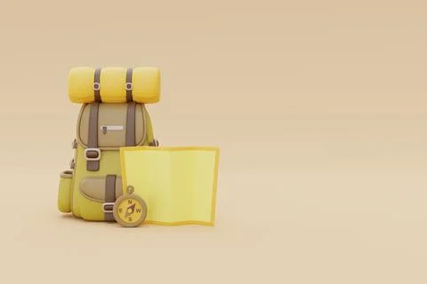 Travel backpack with camping equipment, map and compass, elements for camping Stock Illustration