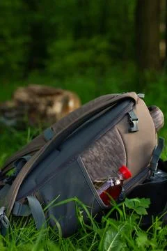 A travel backpack on grass Stock Photos
