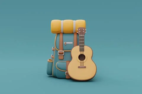 Travel backpack with guitar, elements for camping, summer camp, traveling, tr Stock Illustration
