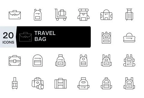 Travel Bag Vector Icon Set with 20 Thin Line High Resolution Grid Fitted Gr.. Stock Illustration