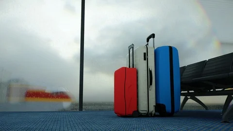 Travel baggage in airport waiting lounge. Consept of Tourism, Travel, Trip, Tour Stock Footage