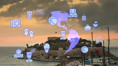 Travel beach objects animation graphic source elements kusadasi,izmir,turkey Stock Footage 201051197
