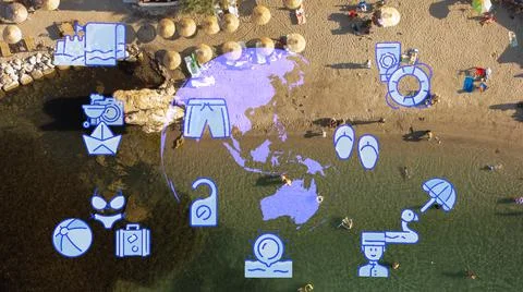 Travel beach objects animation graphic source elements urla ,izmir,turkey 스톡 사진