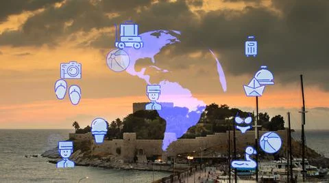 Travel beach objects animation graphic source elements kusadasi,izmir,turkey 스톡 사진
