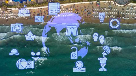 Travel beach objects animation graphic source elements kusadasi,izmir,turkey 스톡 사진