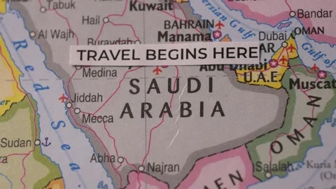 Travel Begins Here Text Label On Middle East Map Saudi Arabia Close Up Stock Footage 346762951