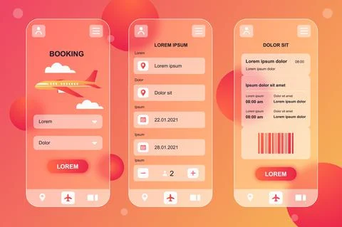 Travel booking neumorphic elements kit for mobile app. Airplane ticket booking Illustrazione stock
