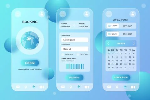 Travel booking neumorphic elements kit for mobile app. Airplane ticket buying Illustrazione stock