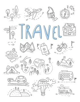 Travel, camping icons in Doodle style great set Stock Illustration
