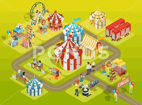 Travel Circus Fairground Isometric Layout Poster Stock Illustration