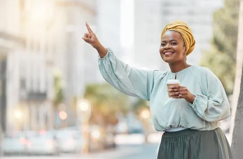 Travel, city and happy black woman try to stop taxi, cab or metro bus for Stock Photos