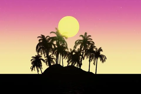 Travel Concept. 80s Synthwave Styled landscape with Palms and Sun. 3d Renderi Ilustração Stock