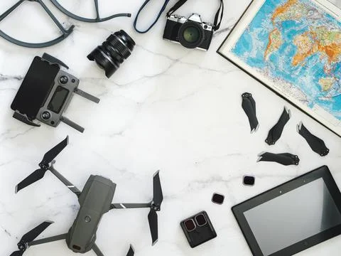 Travel concept, drone, camera, map, copy space Stockfoto's