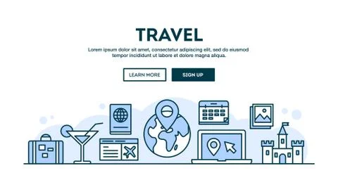 Travel, concept header, flat design thin line style Stock Illustration