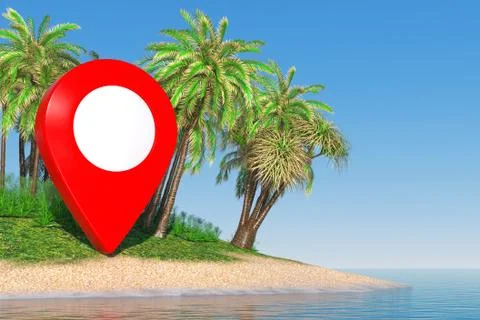 Travel Concept. Map Pointer on a Desert Sand Island with Palm Trees in the Mi Stock-Illustration