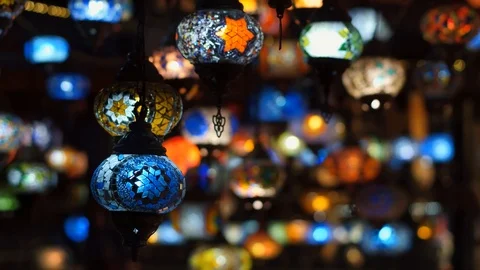 Travel concept. Slowmotion. Camera moving throught traditional turkish lamps at Stock Footage 105395734