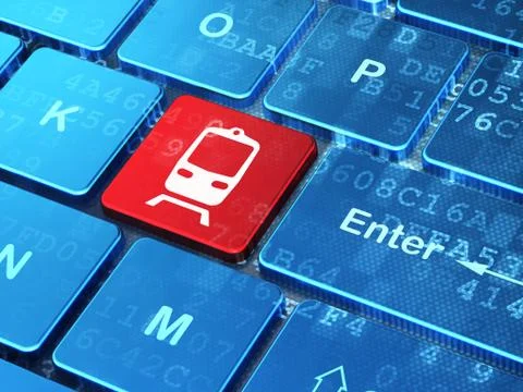 Travel concept: Train on computer keyboard background Illustrazione stock