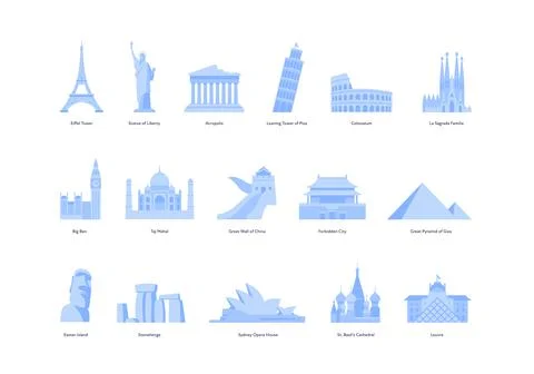 Travel concept. Vector flat illustration set. Collection of blue famous landm Stock Illustration