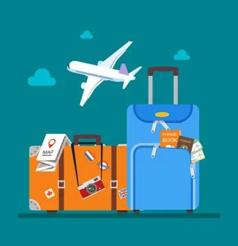 Travel concept vector illustration in flat style design. Airplane flying Stock Illustration