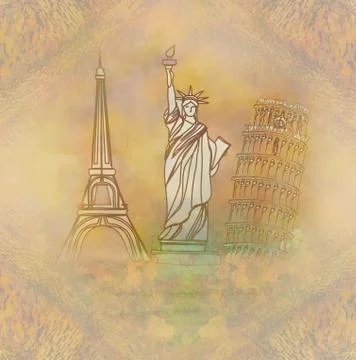 Travel design element with different monuments 스톡 일러스트