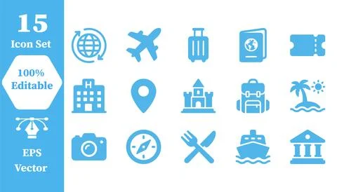 Travel destination and accommodation vector icon set with destination, vacati Stock Illustration