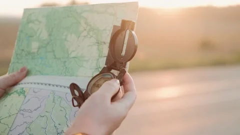 Travel destination points on map with compass in hand. Travelling concept. Stock Footage 137898419