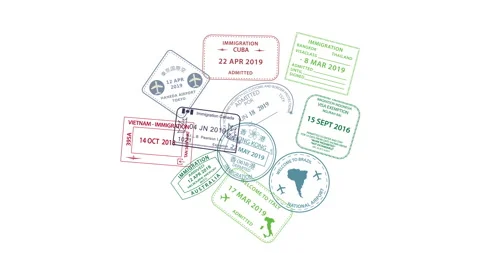 Travel documents with colorful entry/exit stamps Stock Footage 332429790
