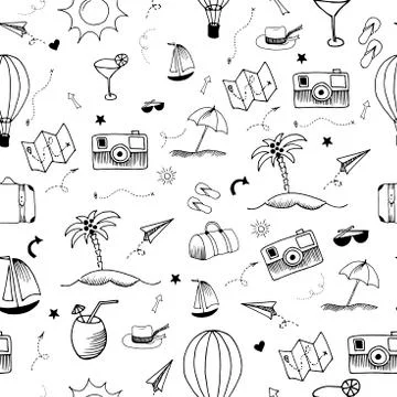 Travel doodle pattern. Seamless vector backdrop. Simple vector illustrations on 스톡 일러스트