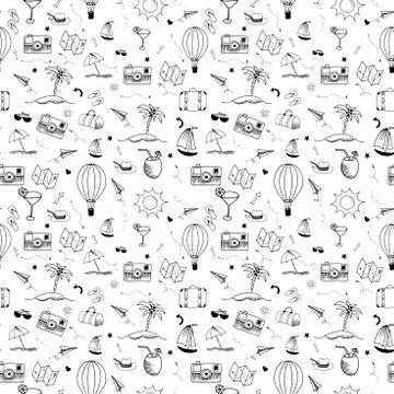 Travel doodle pattern. Seamless vector backdrop. Simple vector illustrations on Stock Illustration