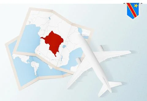 Travel to DR Congo, top view airplane with map and flag of DR Congo. Stock Illustration