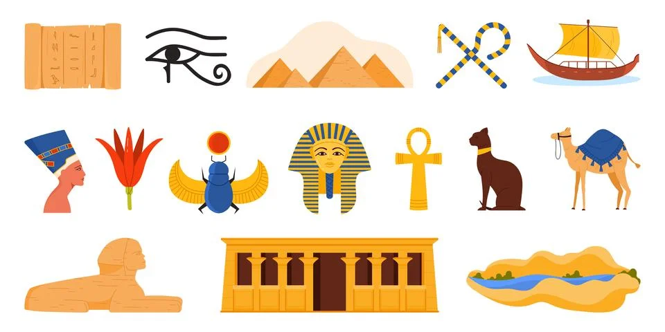 Travel to Egypt set, elements of ancient culture and Egyptian landmarks Illustrazione stock