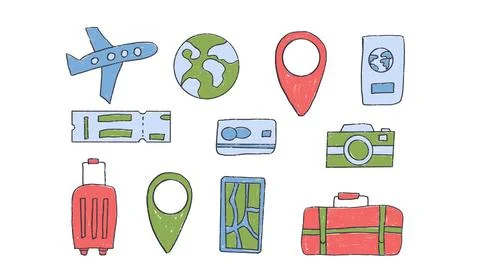 Travel elements crayon drawn set. Suitcase, location map, passport hand drawn Stock Illustration