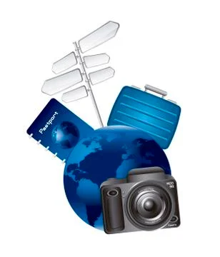 Travel elements earth with camera and signs. vector illustration Stock Illustration