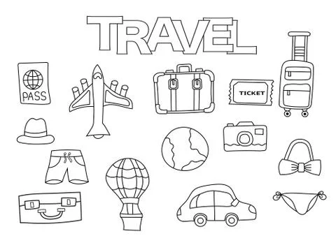 Travel elements hand drawn set. Coloring book template.  Outline doodle Ilustración de archivo