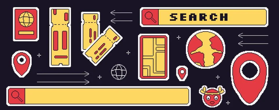 Travel elements pixel art set. 8bit web tourism sticker elements collection. Stock Illustration