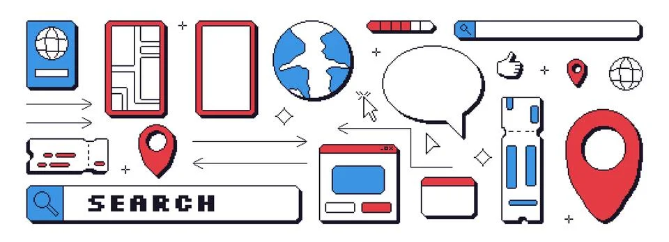 Travel elements pixel art set. 8bit web tourism elements collection. Retro Stock Illustration