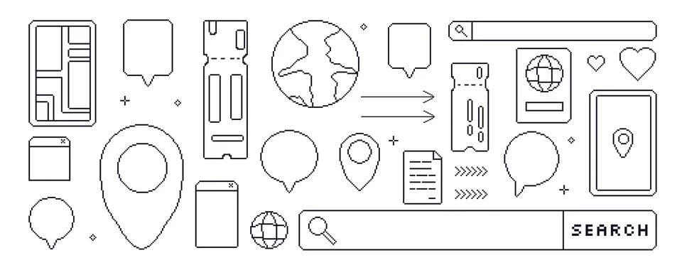 Travel elements pixel art stroke set. 8bit web tourism elements collection. Illustrazione stock