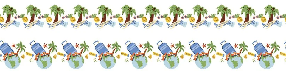 Travel elements seamless border pattern. Suitcases, map, backpack, planet. Stock Illustration