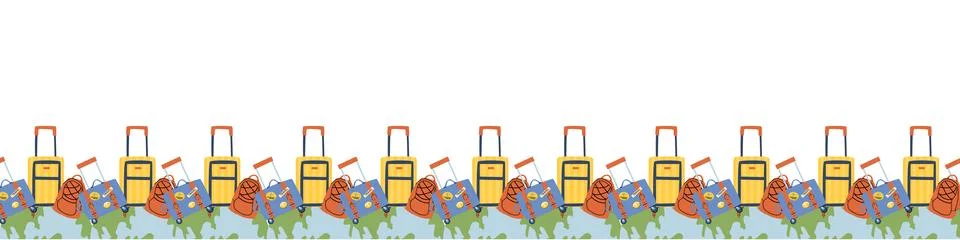 Travel elements seamless border pattern. Suitcases, map, backpack, planet. 스톡 일러스트