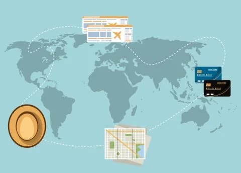 Travel elements on world map Stock Illustration