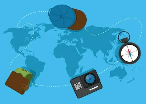 Travel elements on world map Illustrazione stock