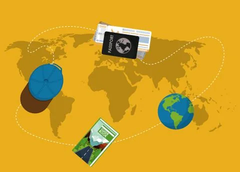 Travel elements on world map Illustrazione stock