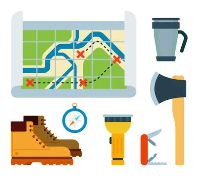 Travel equipment flat vector illustrations set. Essential tools for mountain Stock Illustration
